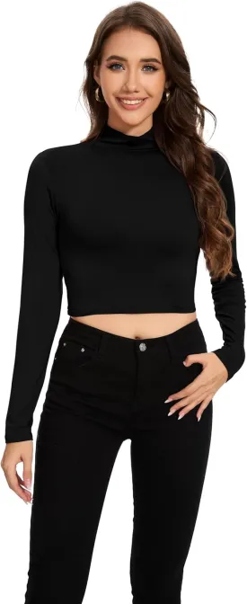 MadHeart Womens Long Sleeve Crop Tops Slim Fit Cropped Mock Neck Base Layer Shirts