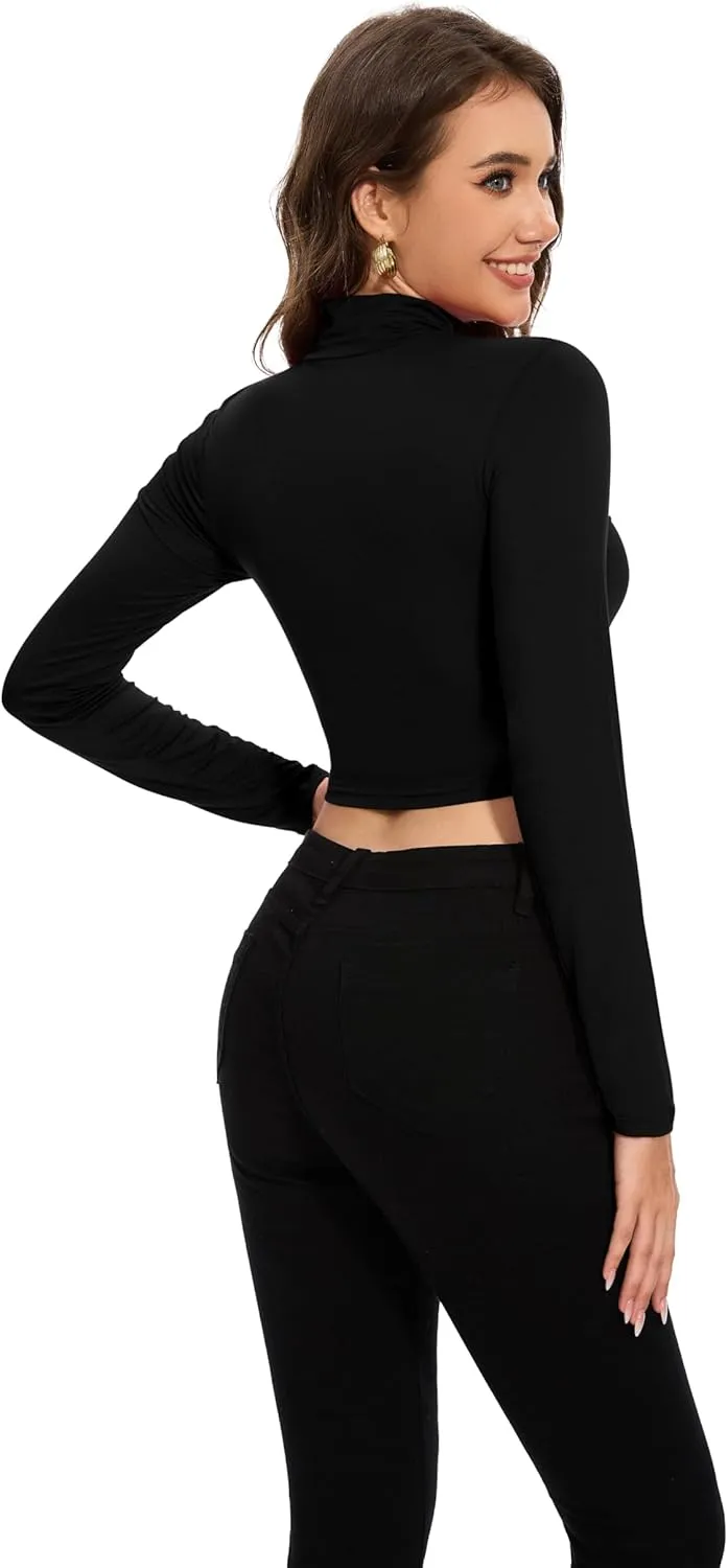 MadHeart Womens Long Sleeve Crop Tops Slim Fit Cropped Mock Neck Base Layer Shirts