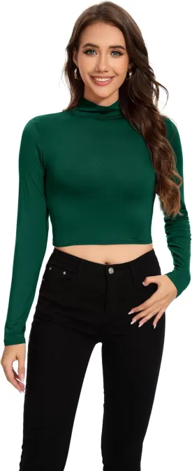 MadHeart Womens Long Sleeve Crop Tops Slim Fit Cropped Mock Neck Base Layer Shirts
