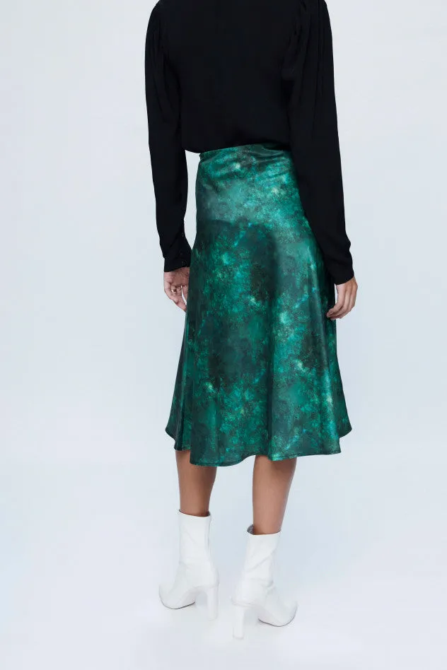 Malachite Satin Bias Cut Midi Skirt - Green