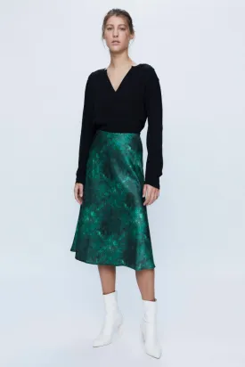 Malachite Satin Bias Cut Midi Skirt - Green