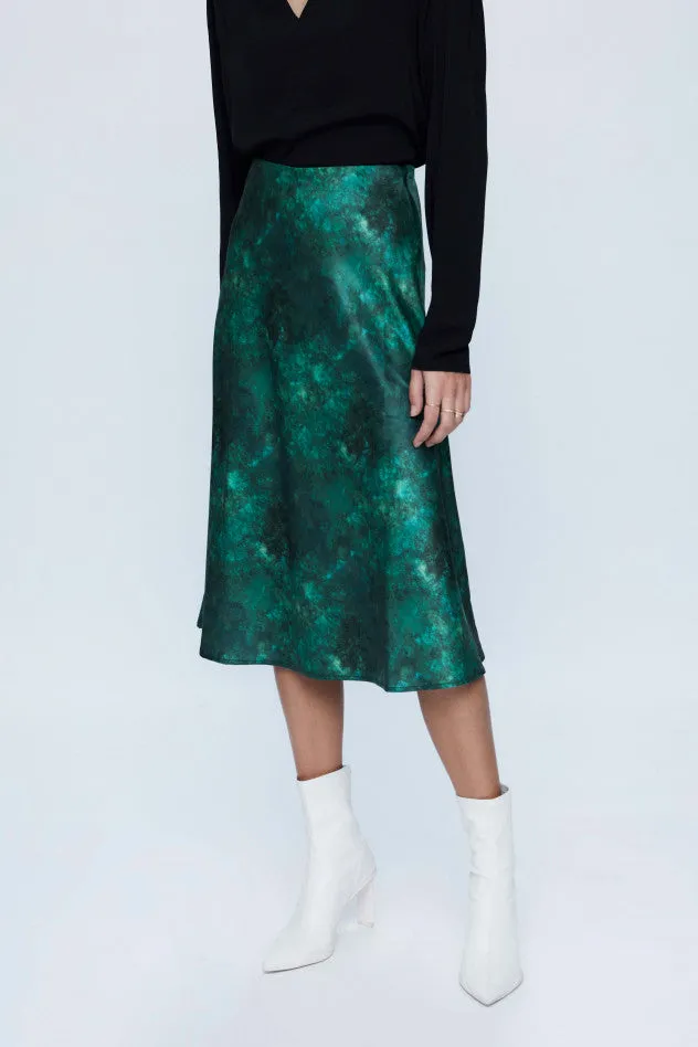 Malachite Satin Bias Cut Midi Skirt - Green