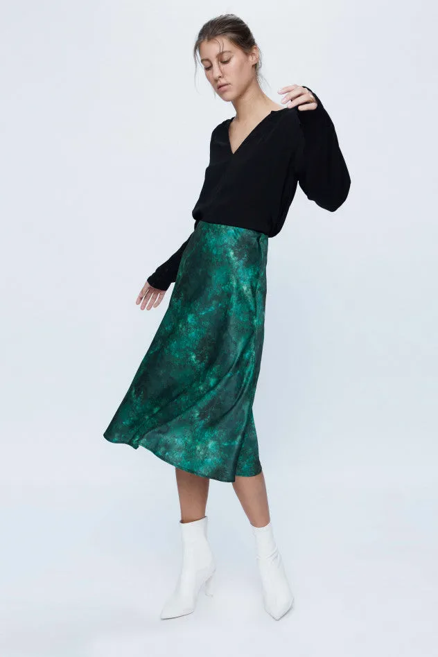 Malachite Satin Bias Cut Midi Skirt - Green