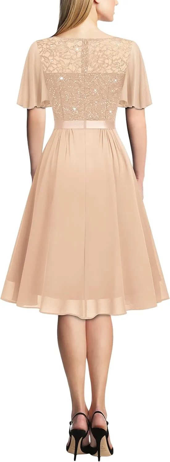 Miusol Women's Sequin Lace V Neck Ruffle Style Cocktail Party Chiffon A-line Dress