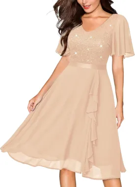 Miusol Women's Sequin Lace V Neck Ruffle Style Cocktail Party Chiffon A-line Dress