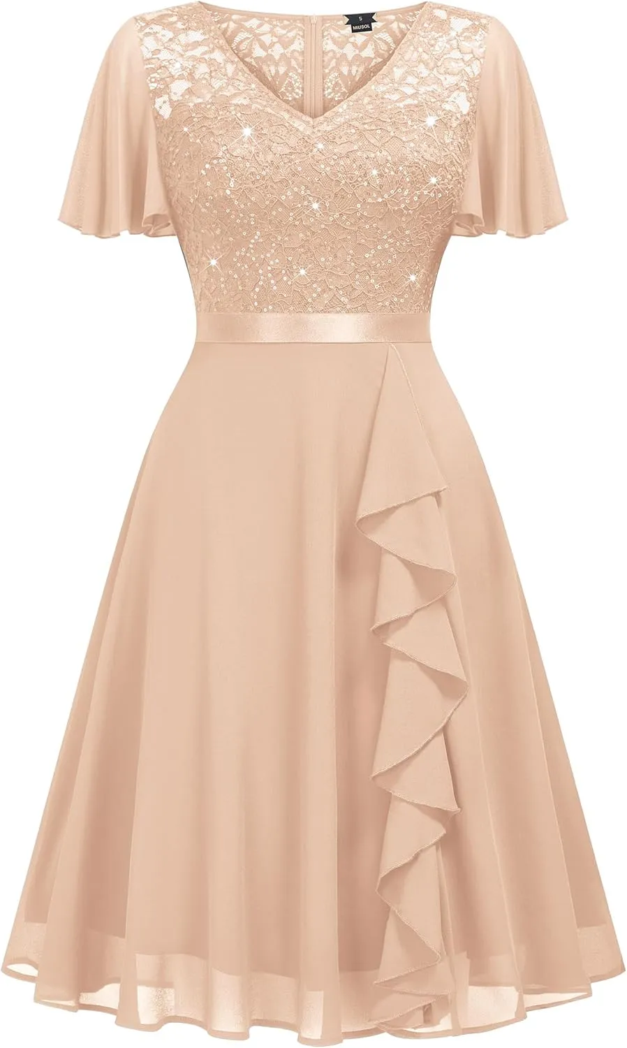 Miusol Women's Sequin Lace V Neck Ruffle Style Cocktail Party Chiffon A-line Dress