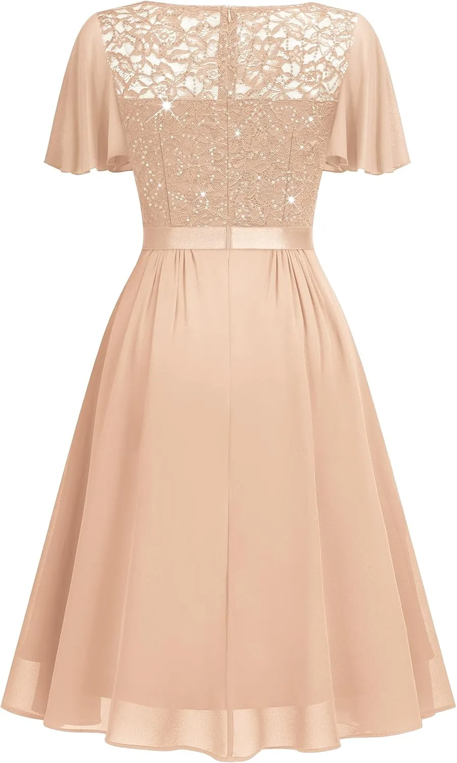 Miusol Women's Sequin Lace V Neck Ruffle Style Cocktail Party Chiffon A-line Dress