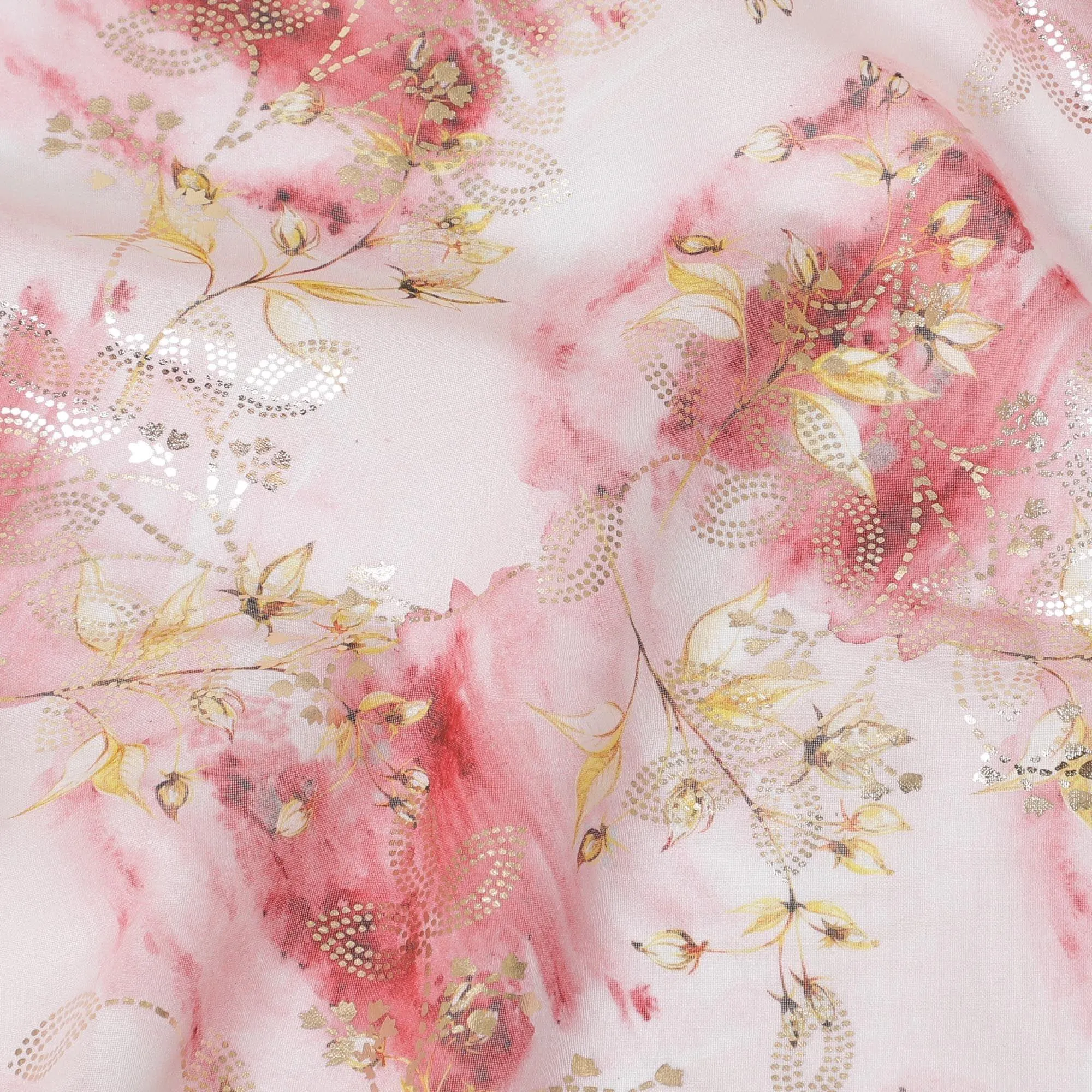 Off white Premium cotton voile fabric with multicolor print having golden foil print in floral design-D13165