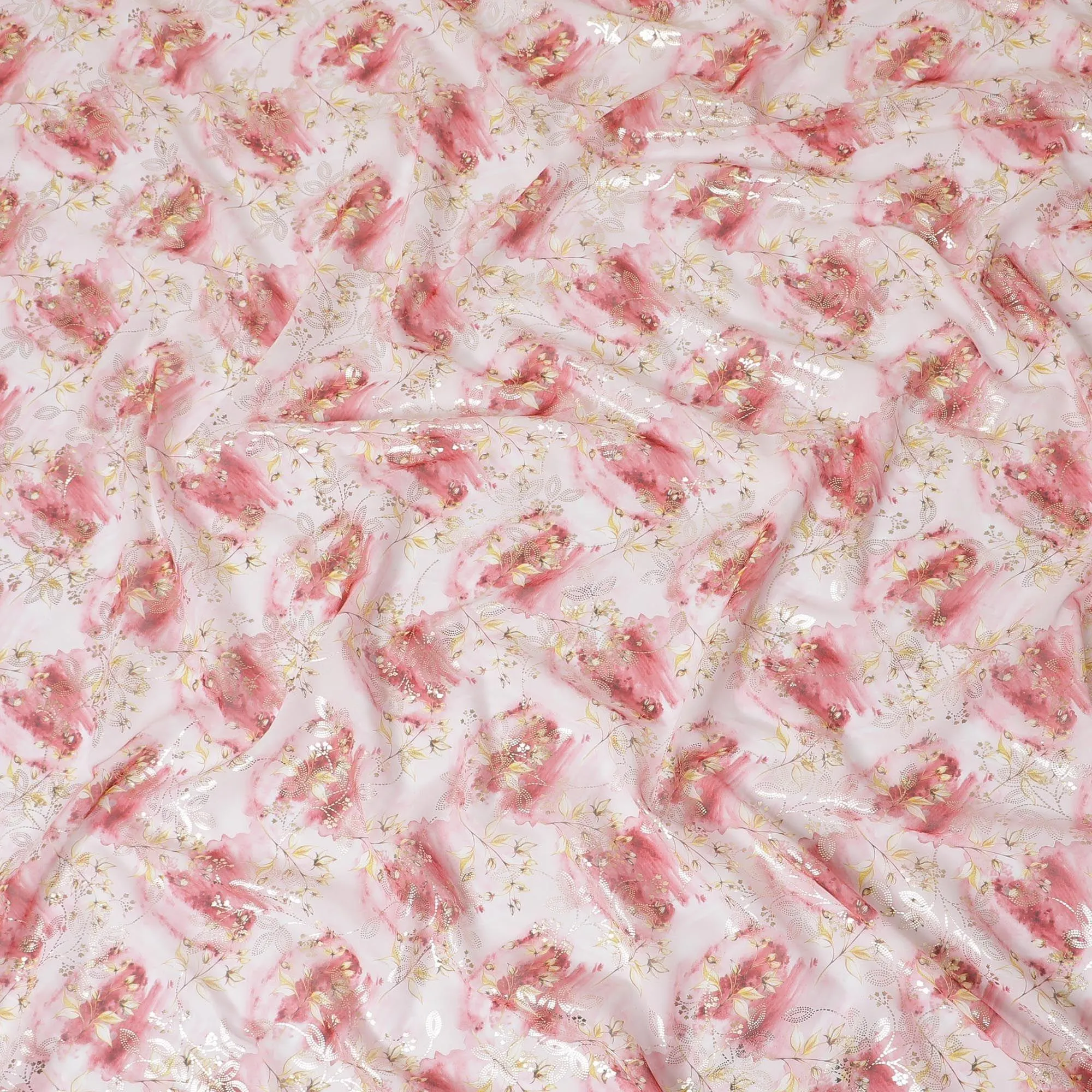 Off white Premium cotton voile fabric with multicolor print having golden foil print in floral design-D13165