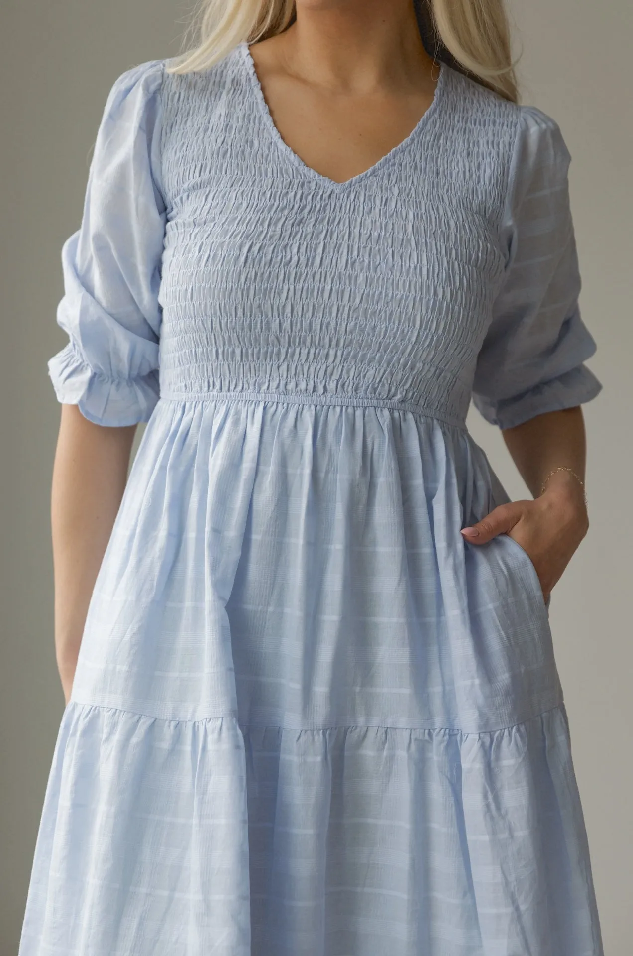 Penelope Blue Smocked Midi Dress