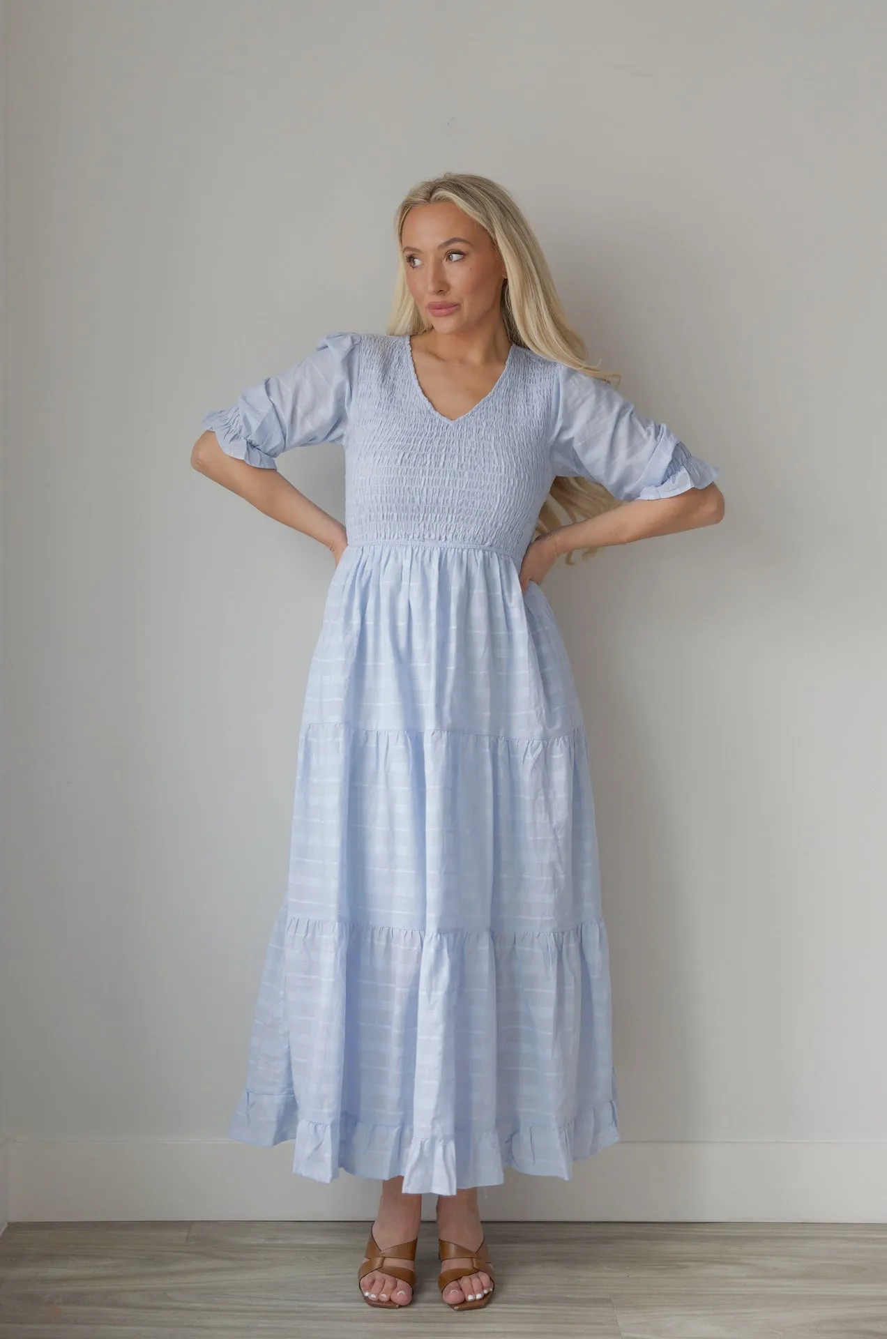 Penelope Blue Smocked Midi Dress