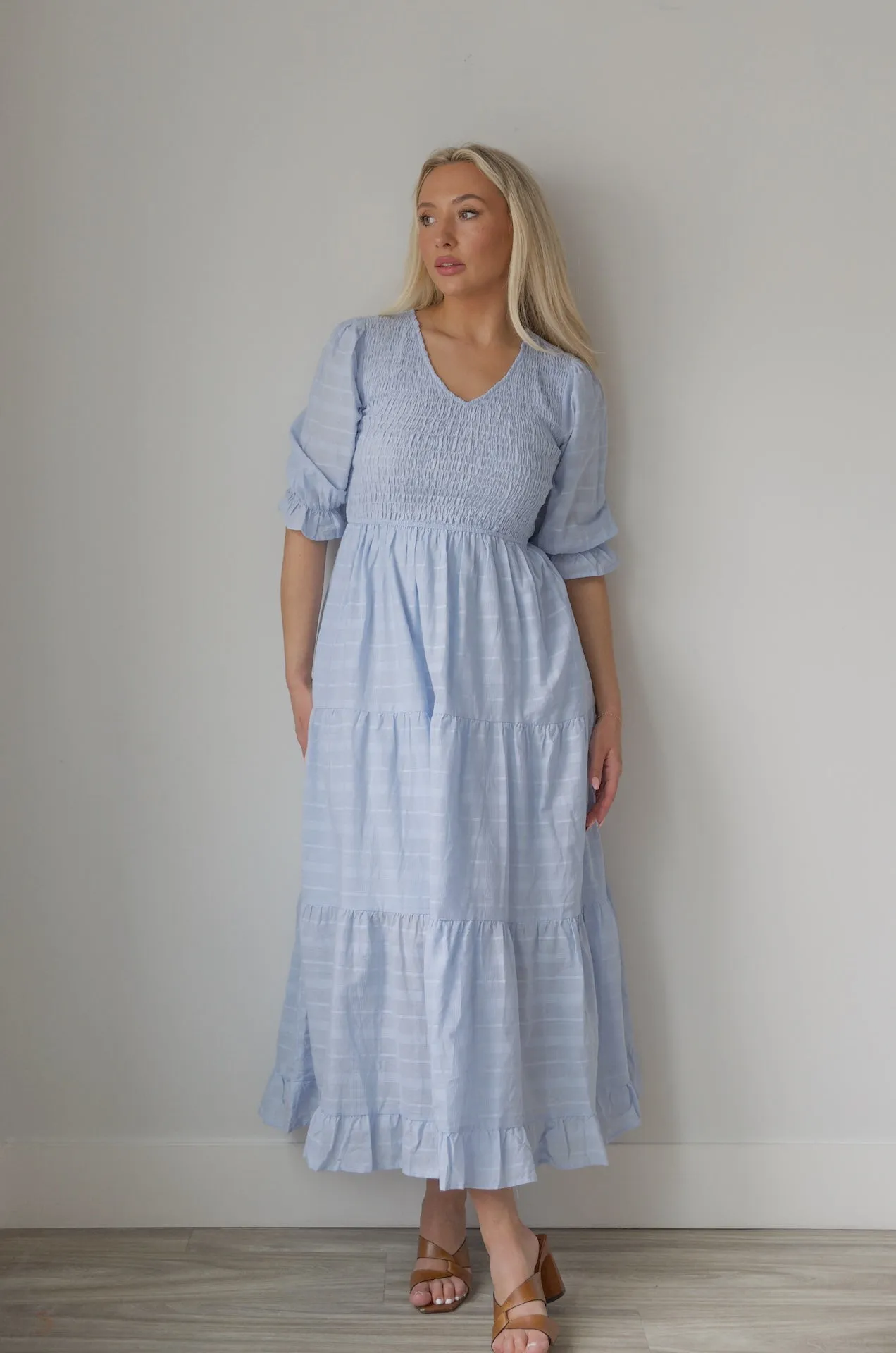 Penelope Blue Smocked Midi Dress