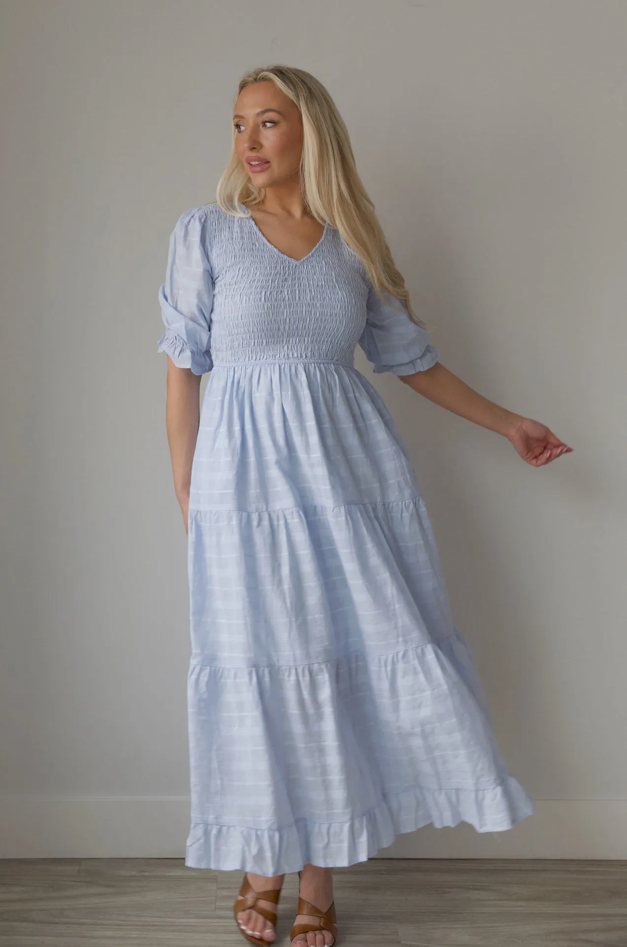 Penelope Blue Smocked Midi Dress