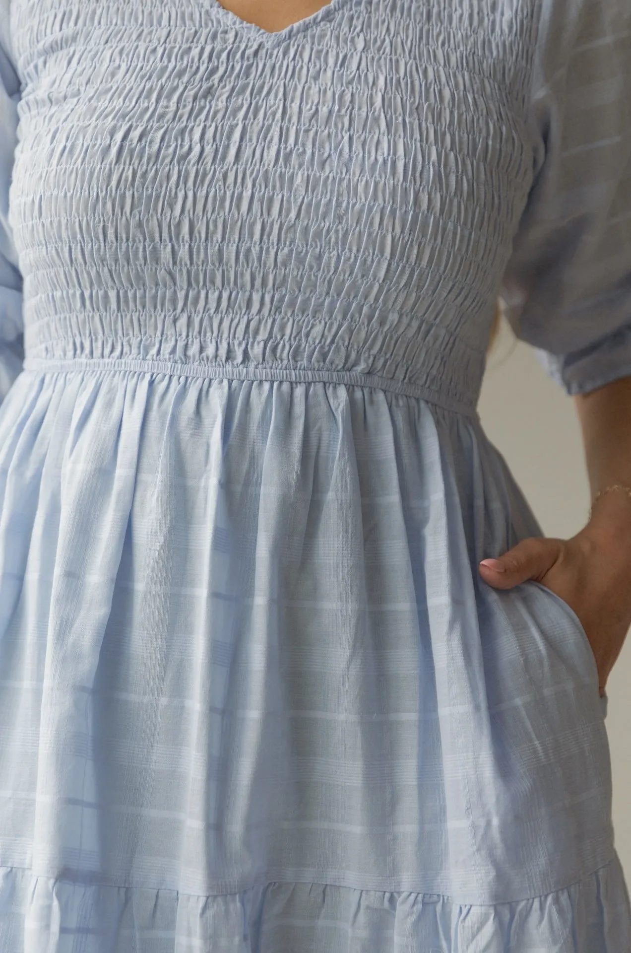 Penelope Blue Smocked Midi Dress
