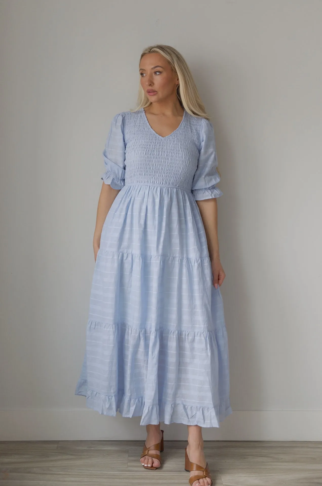 Penelope Blue Smocked Midi Dress