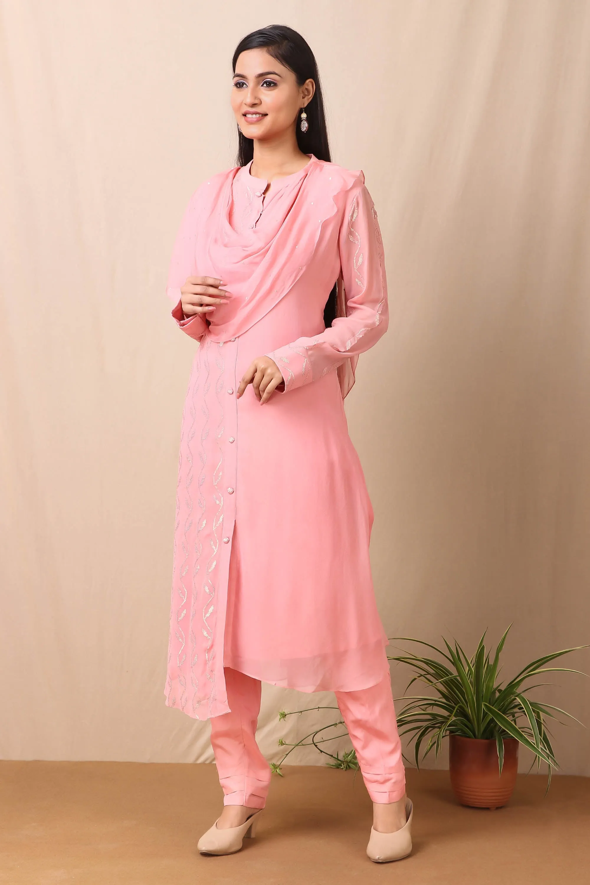 Pink Color Scarf Style Kurta Set