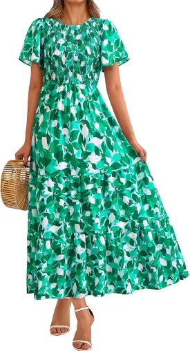 PRETTYGARDEN Women's 2025 Summer Casual Flutter Short Sleeve Boho Floral Maxi Dress Crew Neck Smocked Tiered Long Dresses