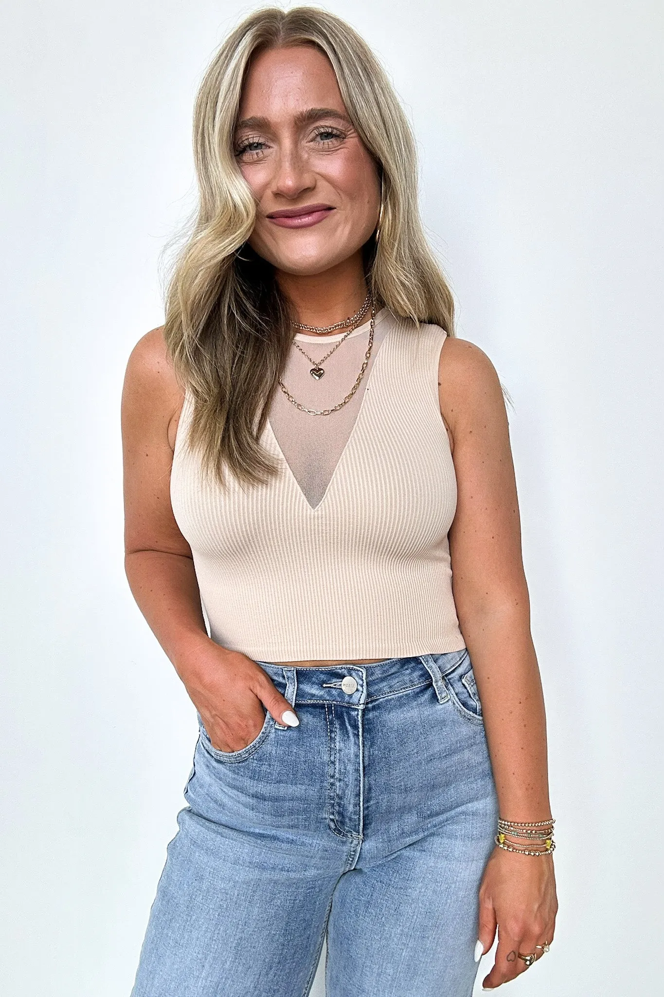 Raine Ribbed Mesh V-Neck Tank Top - FINAL SALE