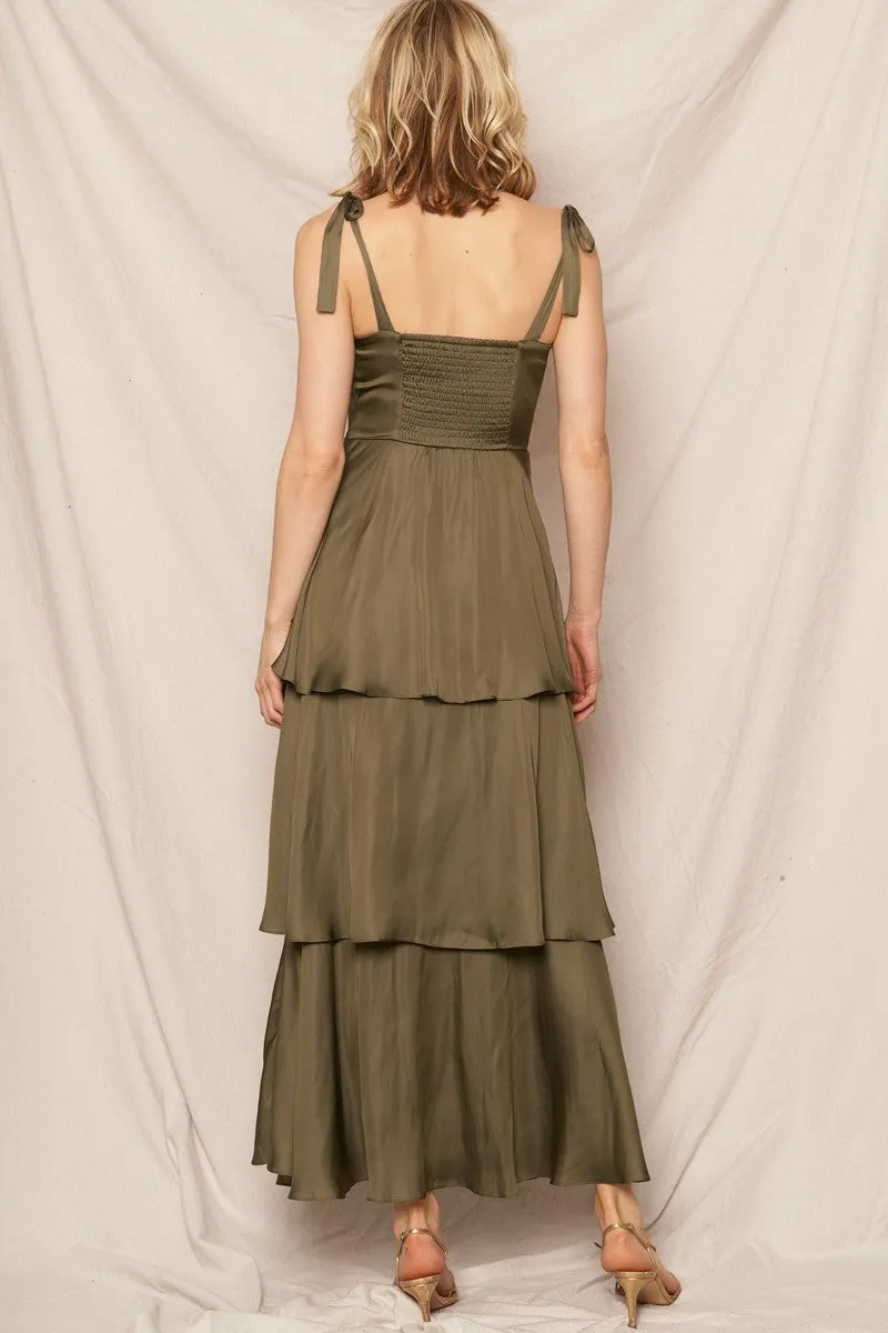 Satin Tiered Tie Shoulder Maxi Dress