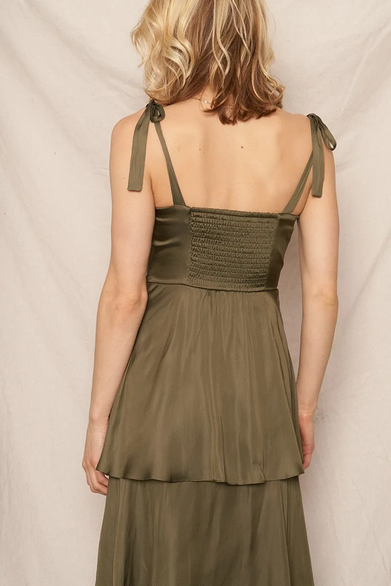 Satin Tiered Tie Shoulder Maxi Dress