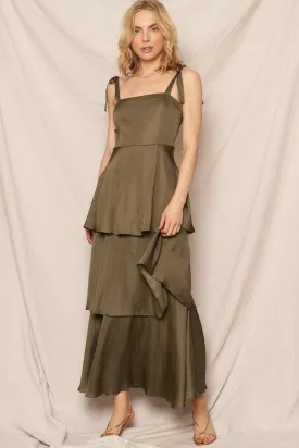 Satin Tiered Tie Shoulder Maxi Dress