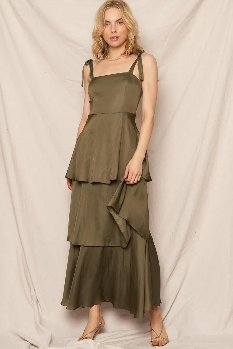 Satin Tiered Tie Shoulder Maxi Dress