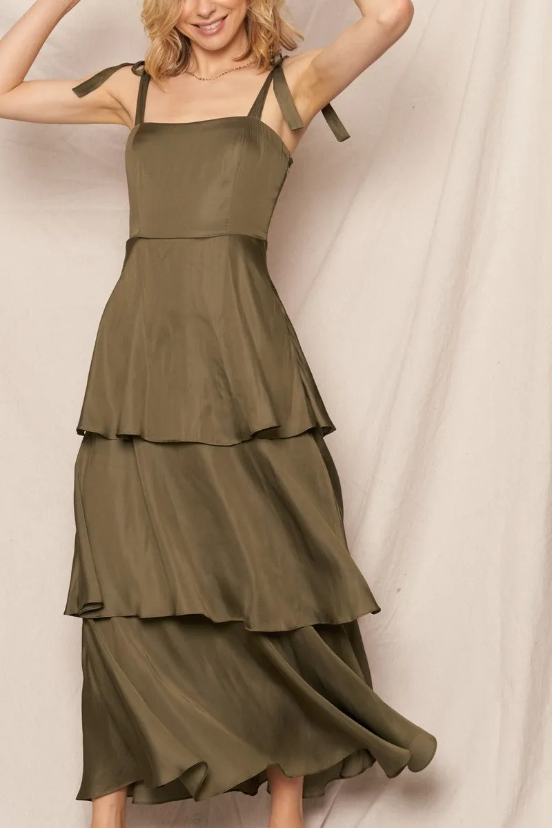 Satin Tiered Tie Shoulder Maxi Dress