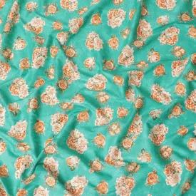 Sea green uragiri cotton voile fabric with same tone jacquard having multicolor print in floral design-D10054