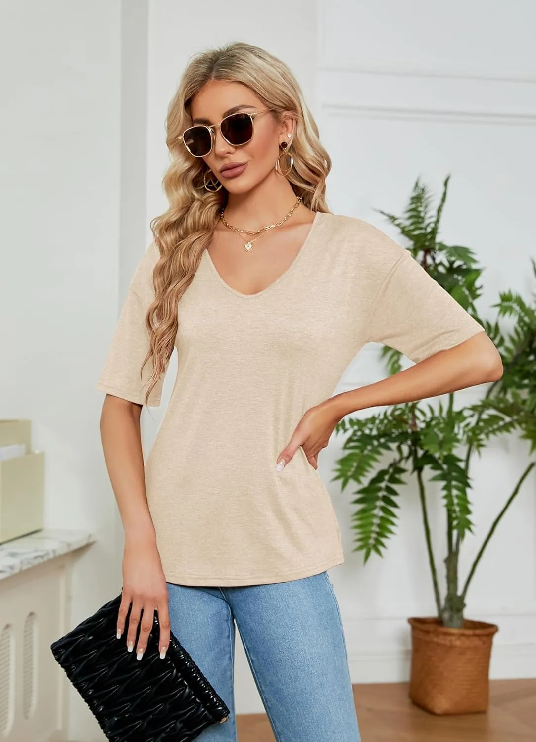 Sherosa Womens T Shirts V-Neck Half Sleeve Loose Fit Shirts Casual Solid Basic Tops