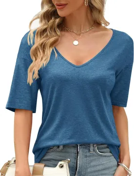 Sherosa Womens T Shirts V-Neck Half Sleeve Loose Fit Shirts Casual Solid Basic Tops