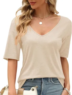 Sherosa Womens T Shirts V-Neck Half Sleeve Loose Fit Shirts Casual Solid Basic Tops