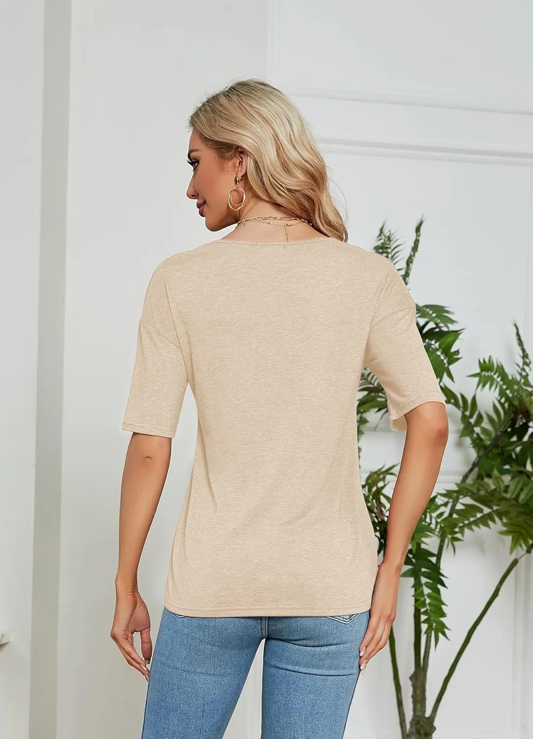Sherosa Womens T Shirts V-Neck Half Sleeve Loose Fit Shirts Casual Solid Basic Tops