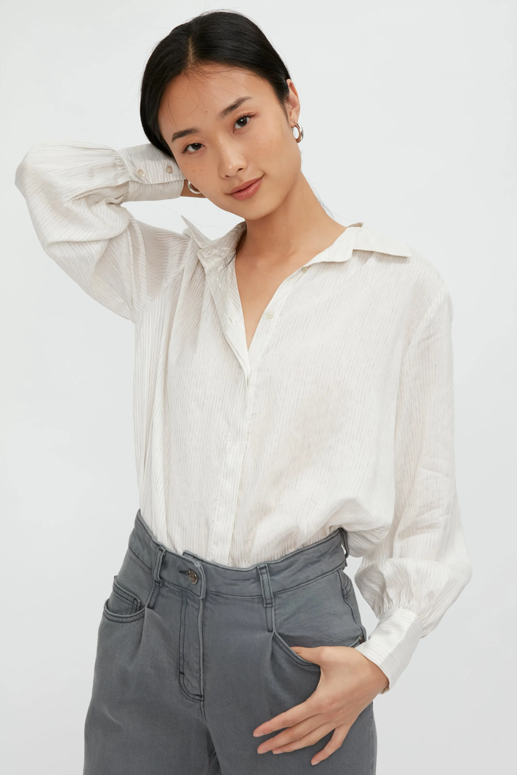 Silk Voile Blouse in Grey Stripe