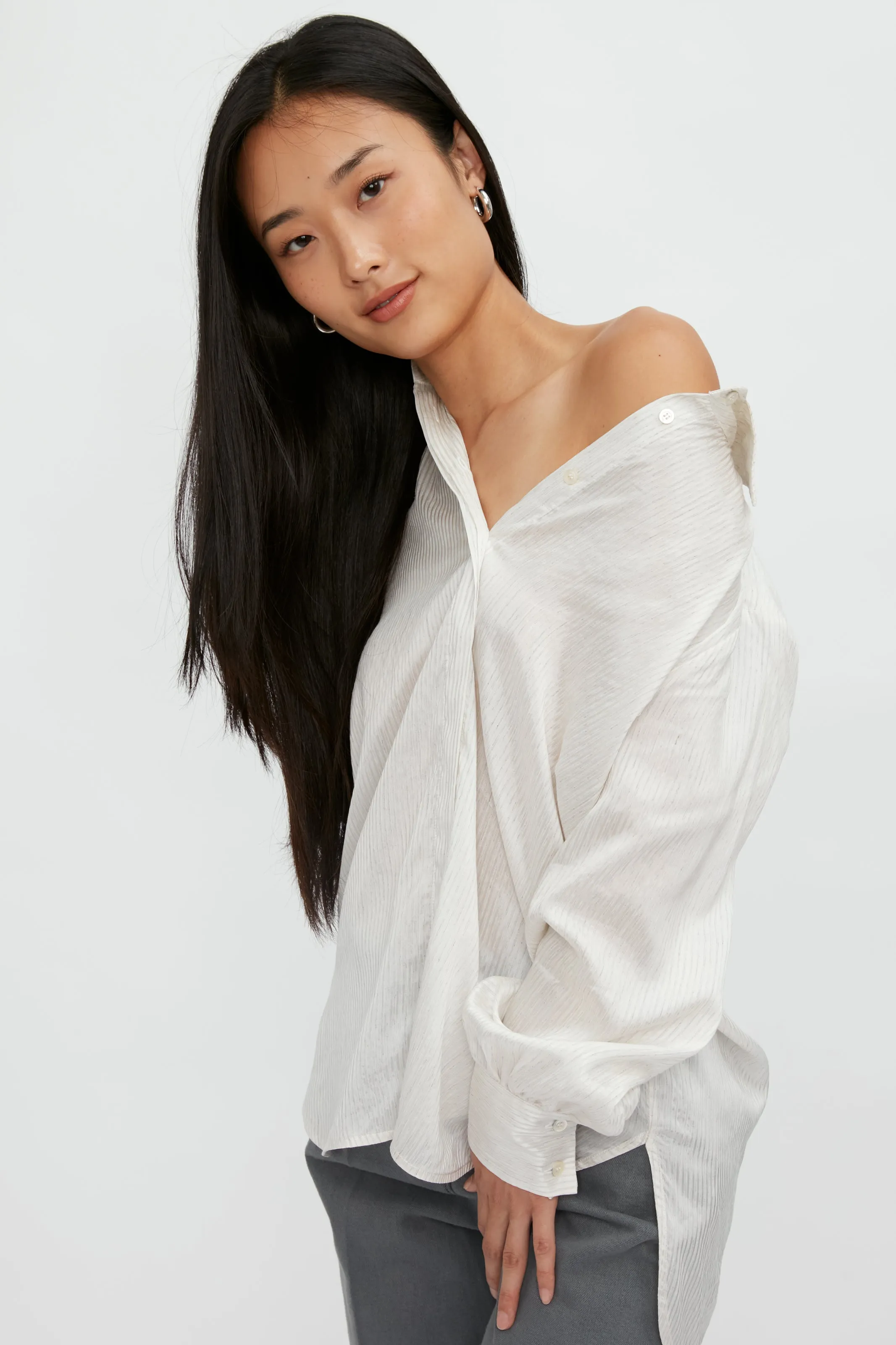 Silk Voile Blouse in Grey Stripe