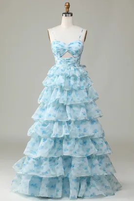 Spaghetti Straps Cut Out Tiered Blue Bridesmaid Dress Slip Dress Prom Dress