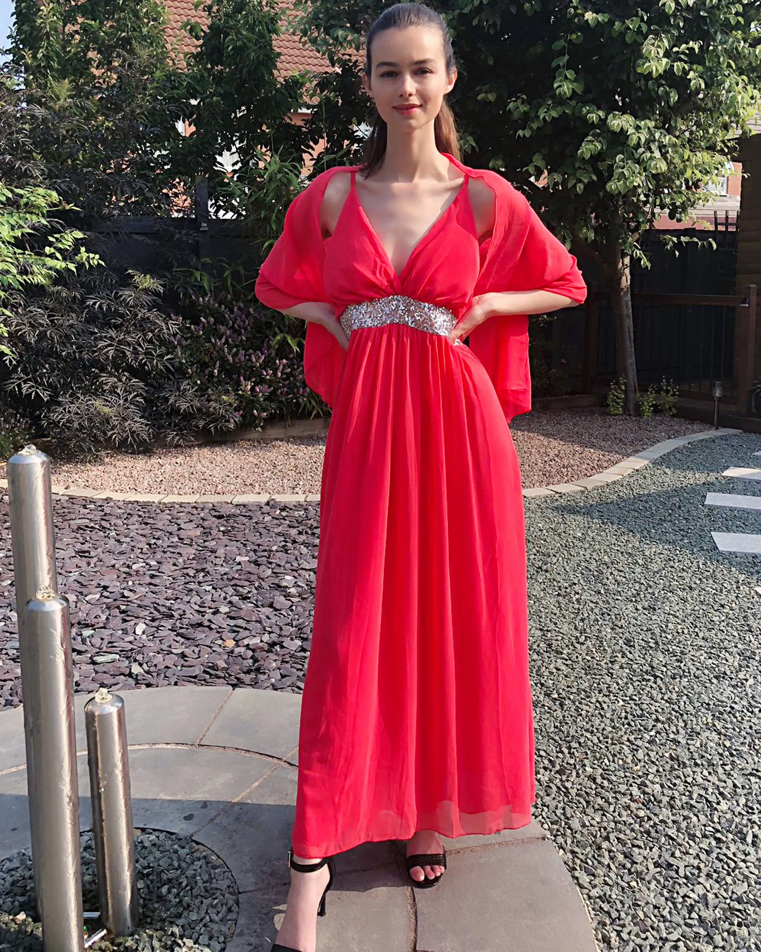 Strappy Chiffon Maxi Dress with Sequin waist detail and scarf (ROSE)