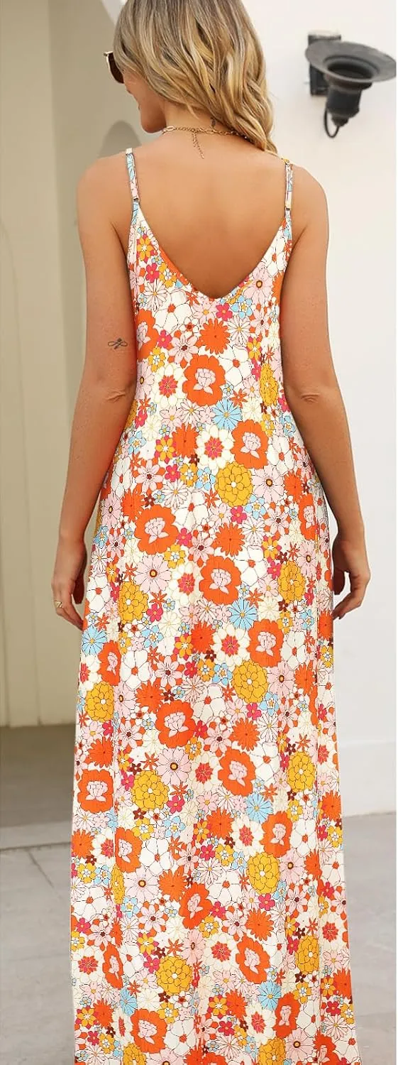 Supnier Women's Summer Maxi Dress Casual V-Neck Sleeveless Bohemian Spaghetti Strap Floral Long Maxi Dress with Pockets