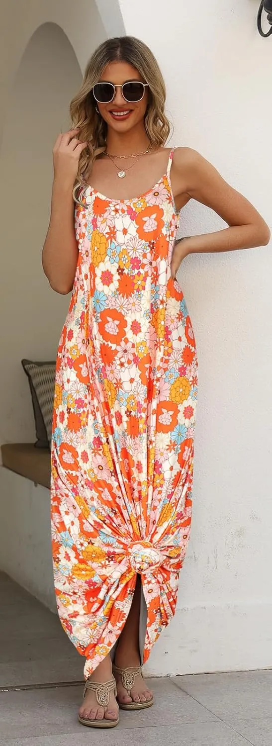 Supnier Women's Summer Maxi Dress Casual V-Neck Sleeveless Bohemian Spaghetti Strap Floral Long Maxi Dress with Pockets