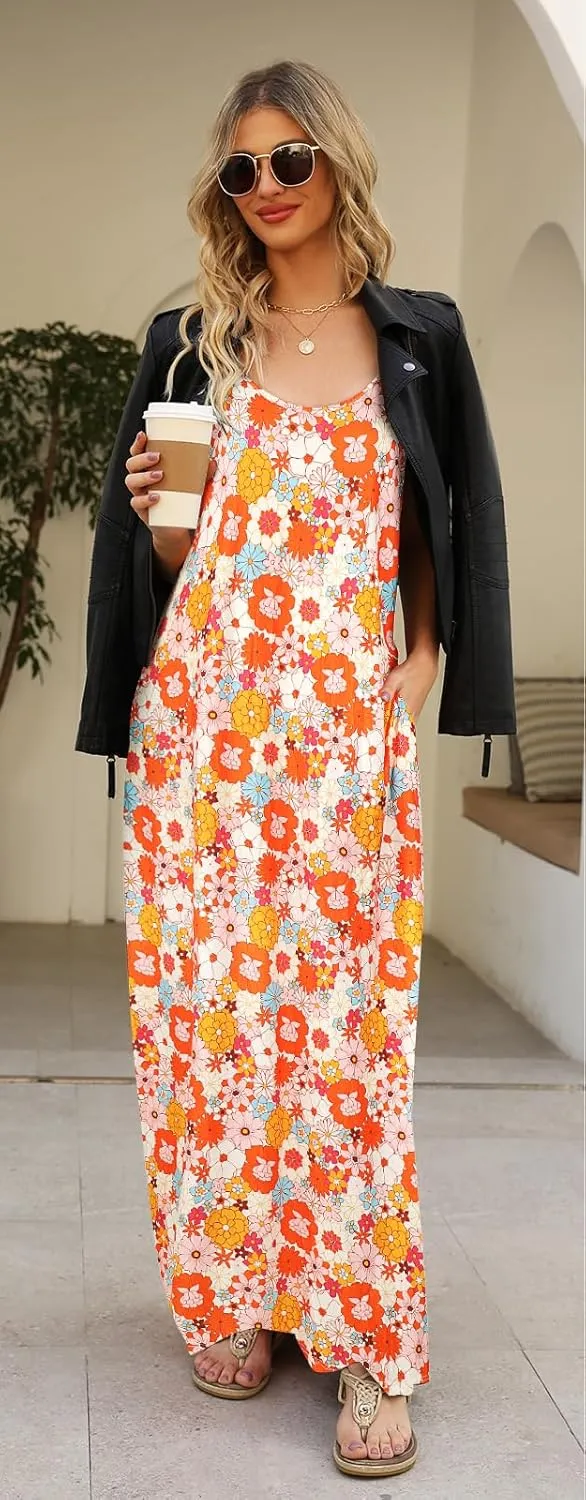 Supnier Women's Summer Maxi Dress Casual V-Neck Sleeveless Bohemian Spaghetti Strap Floral Long Maxi Dress with Pockets