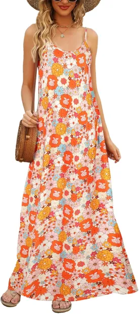 Supnier Women's Summer Maxi Dress Casual V-Neck Sleeveless Bohemian Spaghetti Strap Floral Long Maxi Dress with Pockets