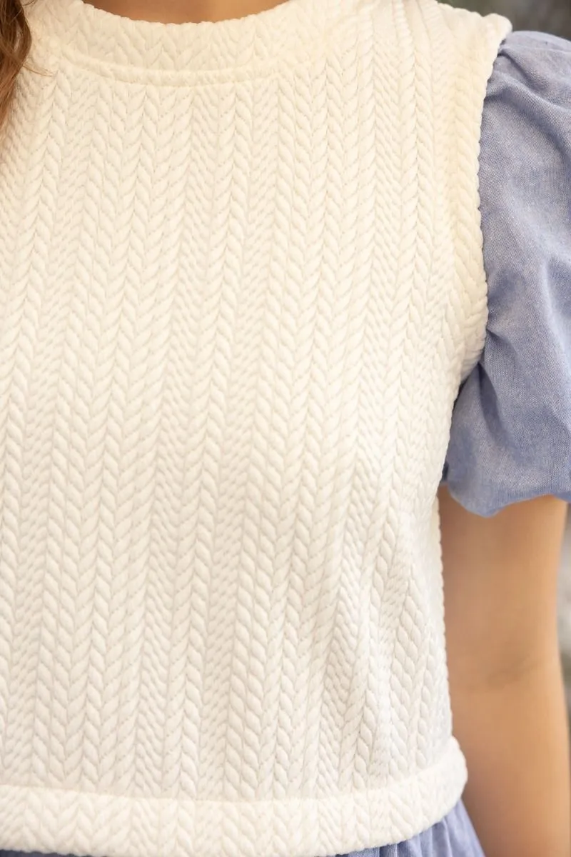 TEXTURED BODICE DENIM SHORT SLEEVE TIERED DRESS