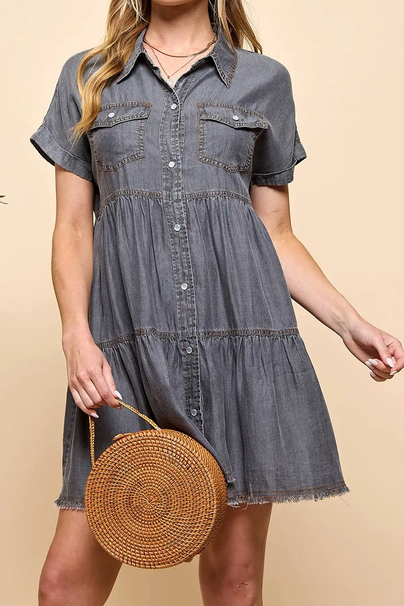 TIERED BUTTON DOWN DENIM DRESS