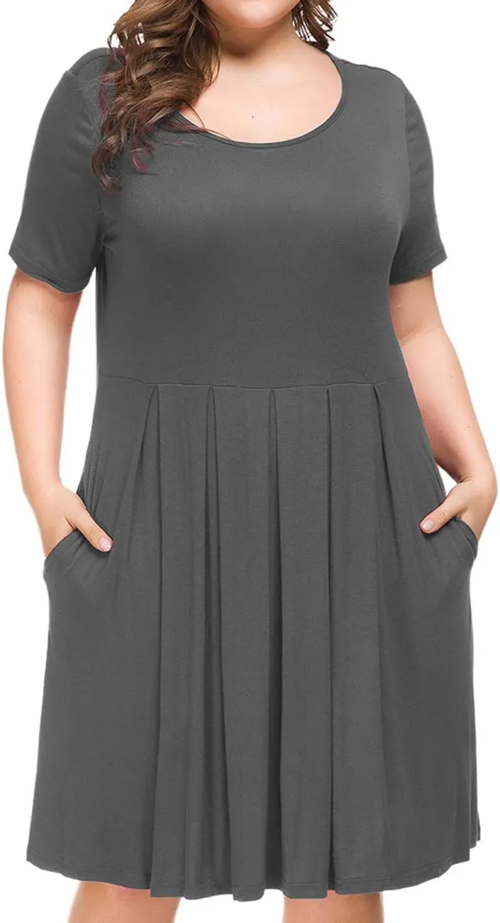 Tralilbee Women's Plus Size Short Sleeve Dress Casual Pleated Swing Dresses with Pockets