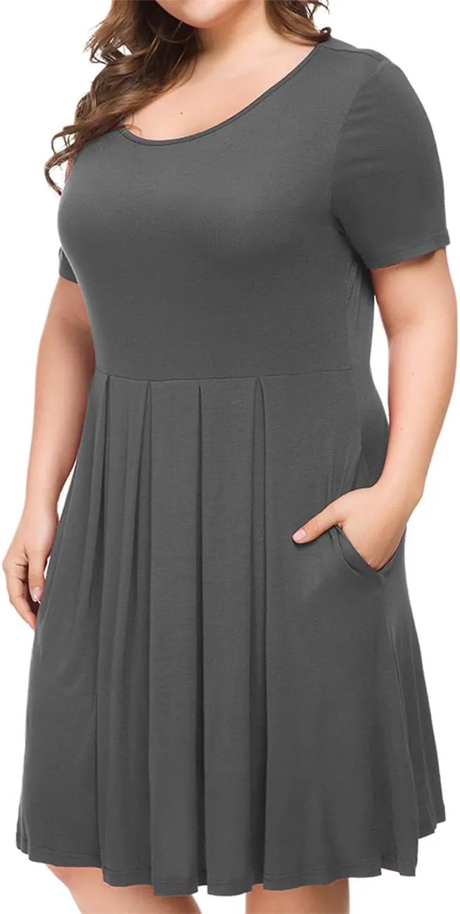 Tralilbee Women's Plus Size Short Sleeve Dress Casual Pleated Swing Dresses with Pockets