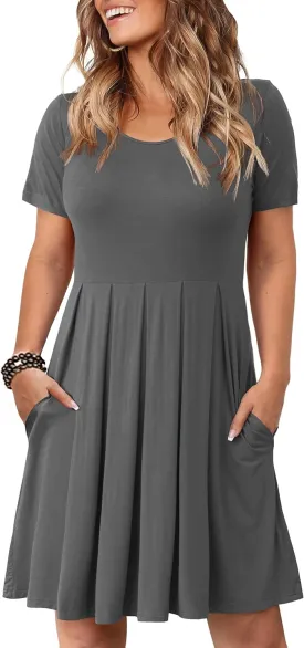 Tralilbee Women's Plus Size Short Sleeve Dress Casual Pleated Swing Dresses with Pockets