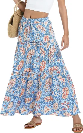 Tsher Women's Casual High Elastic Waist Ruffle Boho Pleated A-line Long Maxi Skirts 0333