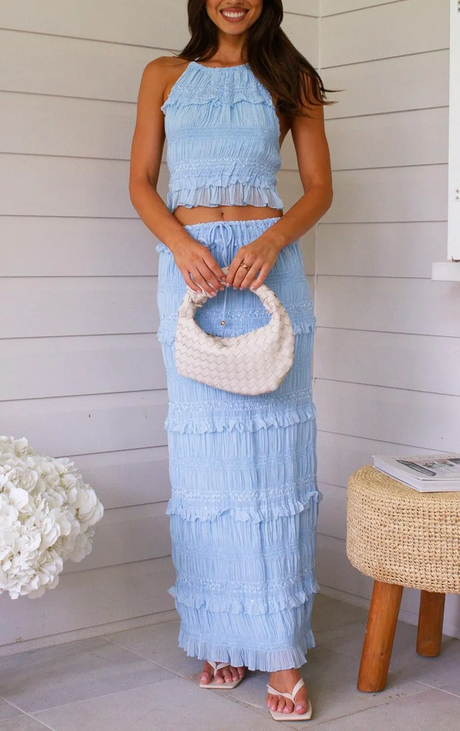 Two Piece Maxi Skirt Sets for Women Summer Ruffle Long Skirt and Tank Top Y2k 2 Piece Set Cocktail Vacation Outfits