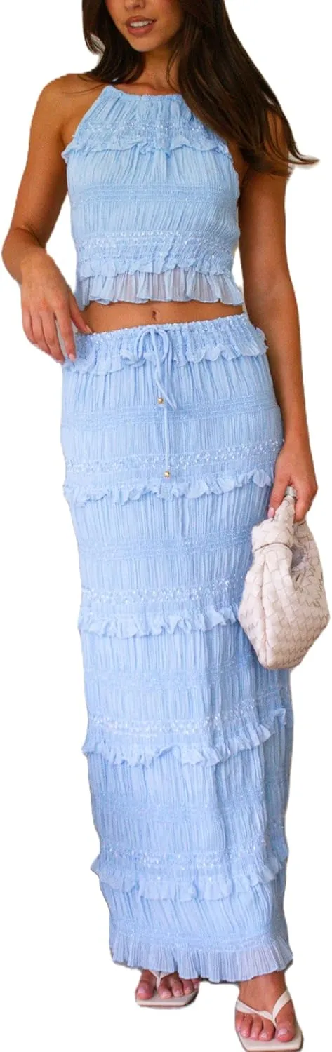 Two Piece Maxi Skirt Sets for Women Summer Ruffle Long Skirt and Tank Top Y2k 2 Piece Set Cocktail Vacation Outfits
