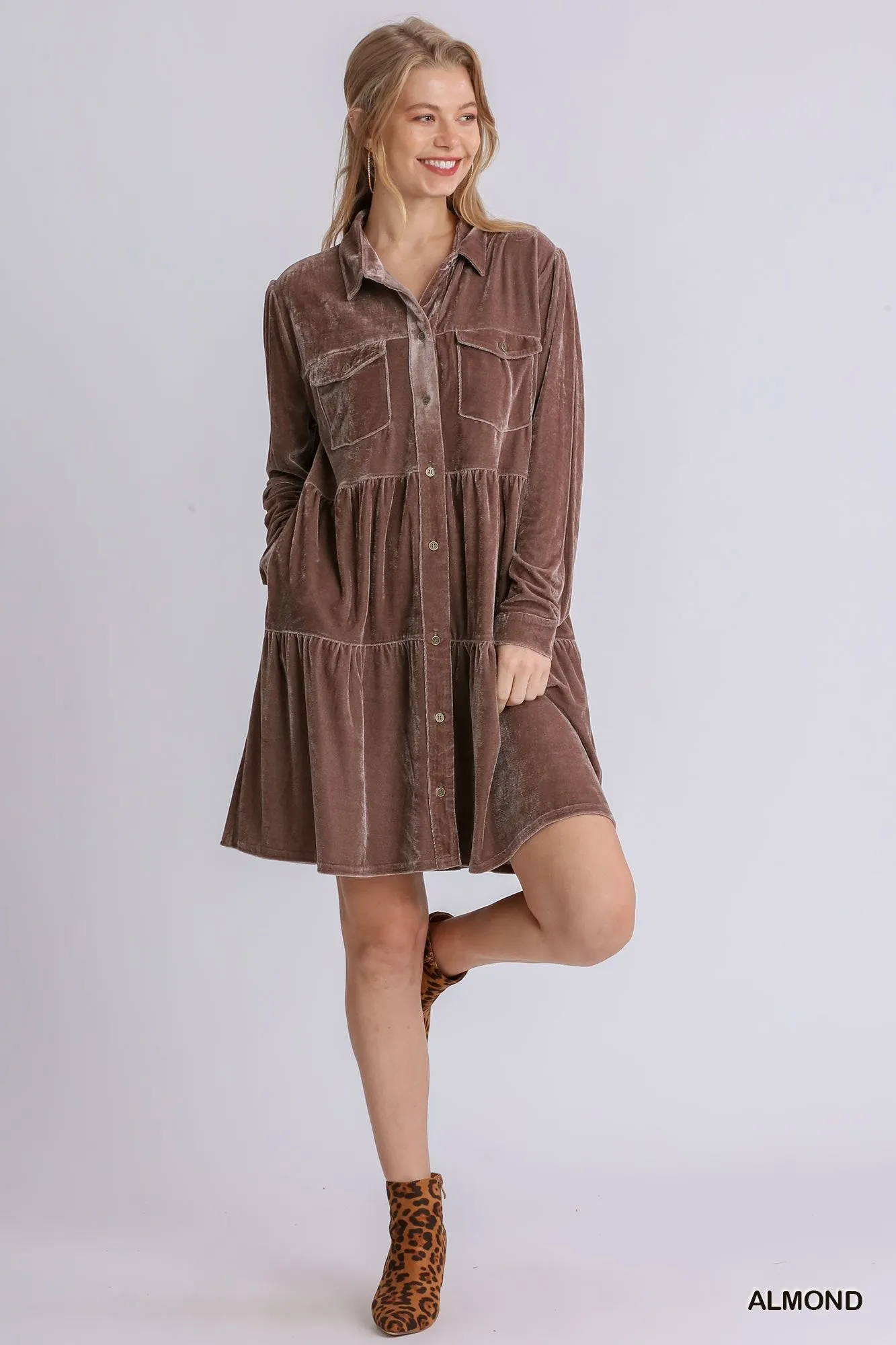 Velvet Long Sleeve Collar Button Down Tiered Dress with Pockets and No Lining - RESTOCKED!