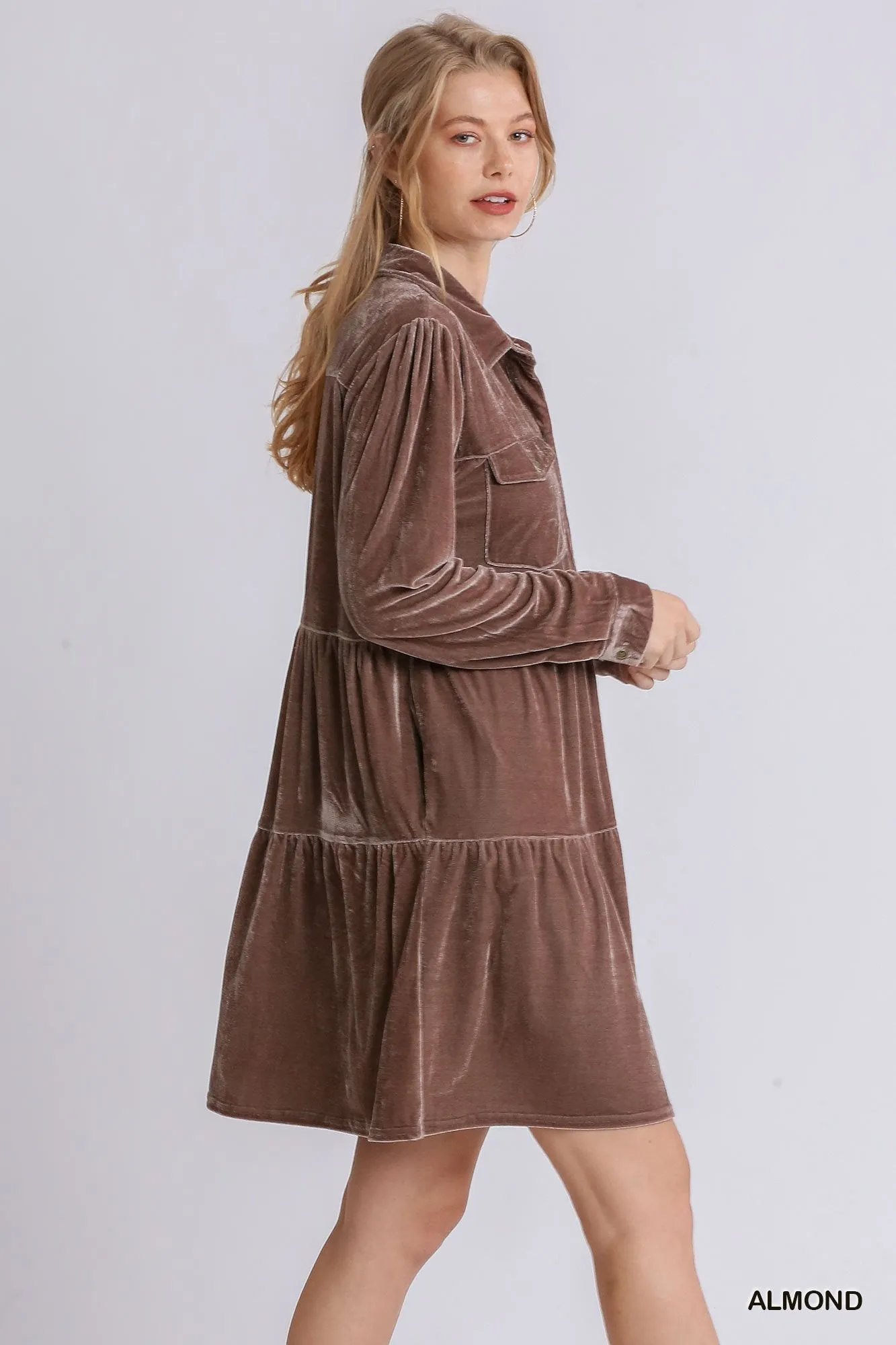 Velvet Long Sleeve Collar Button Down Tiered Dress with Pockets and No Lining - RESTOCKED!